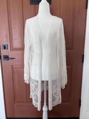 Sheer Lace Longline Robe in Cream - Lightweight Elegant Cover-Up
